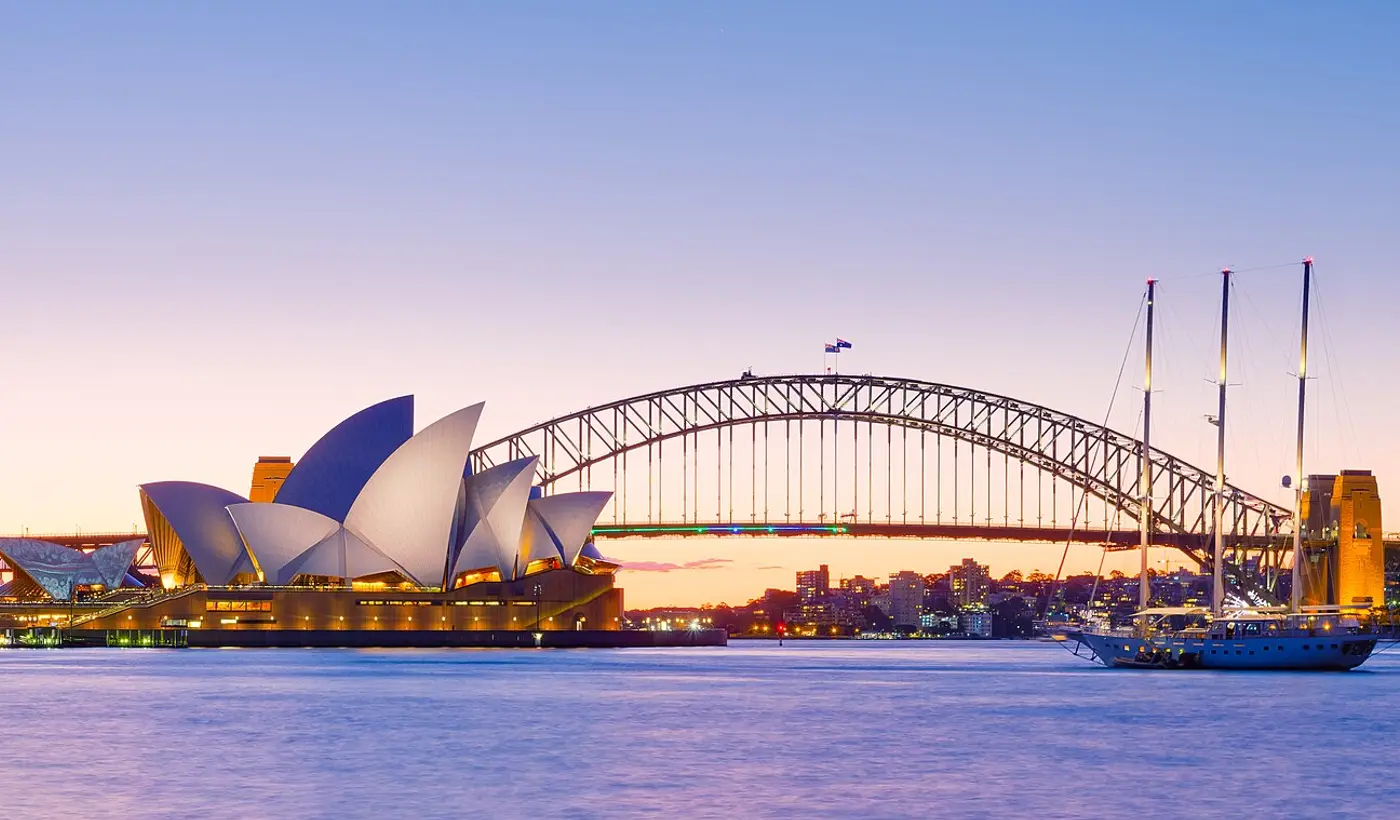 Sydney Opera House and Harbour Bridge at dusk, Australia